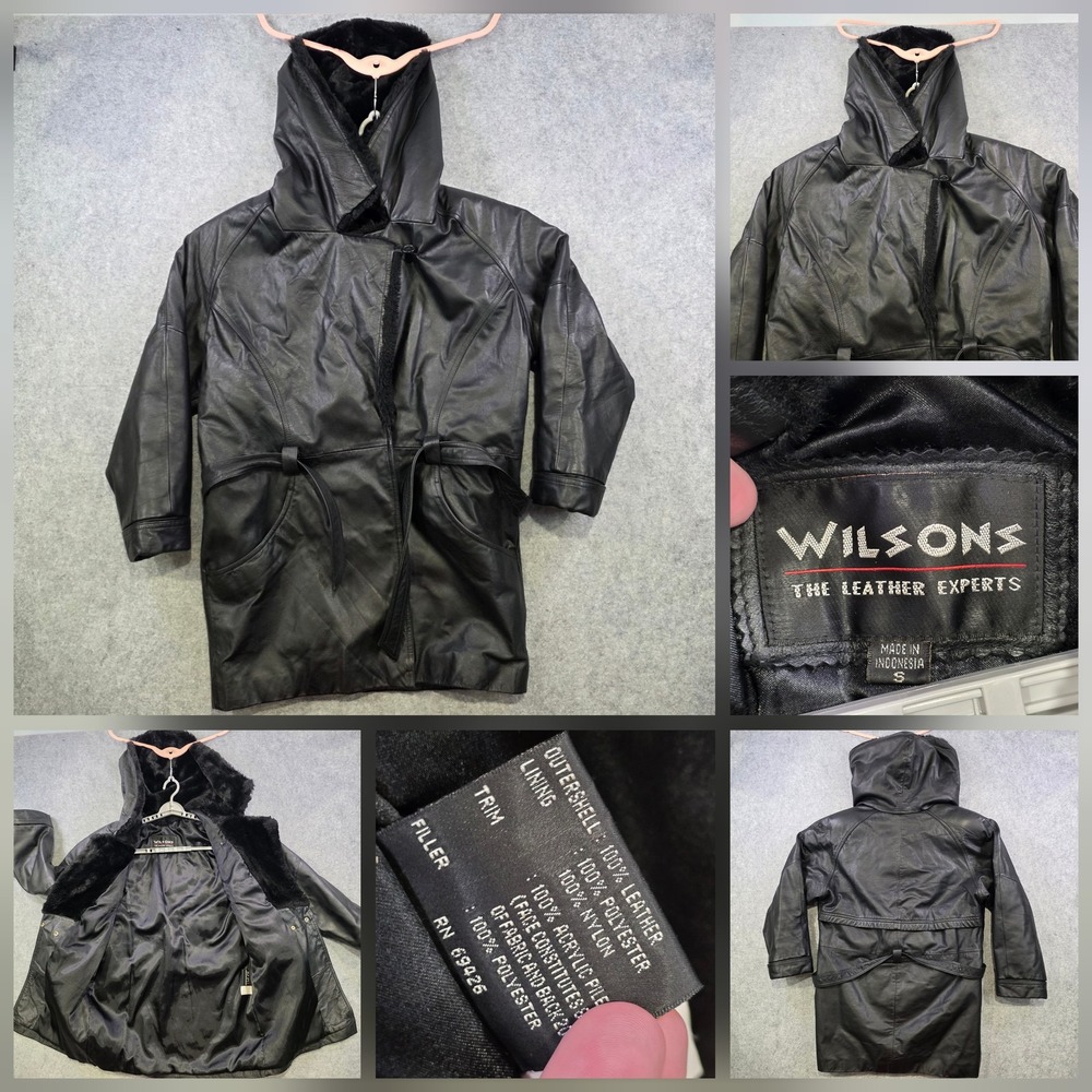 Wilsons Leather Parka Coat Womens Small Black Hooded Belted Faux Fur Lined Warm